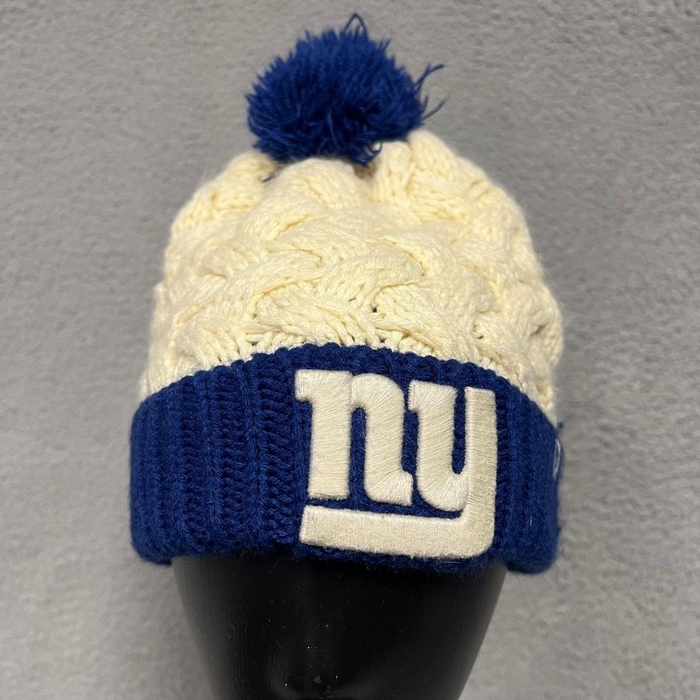 '47 New York Giants Hat Women's Royal Blue Cream Cable Knit Cuffed Pom Beanie